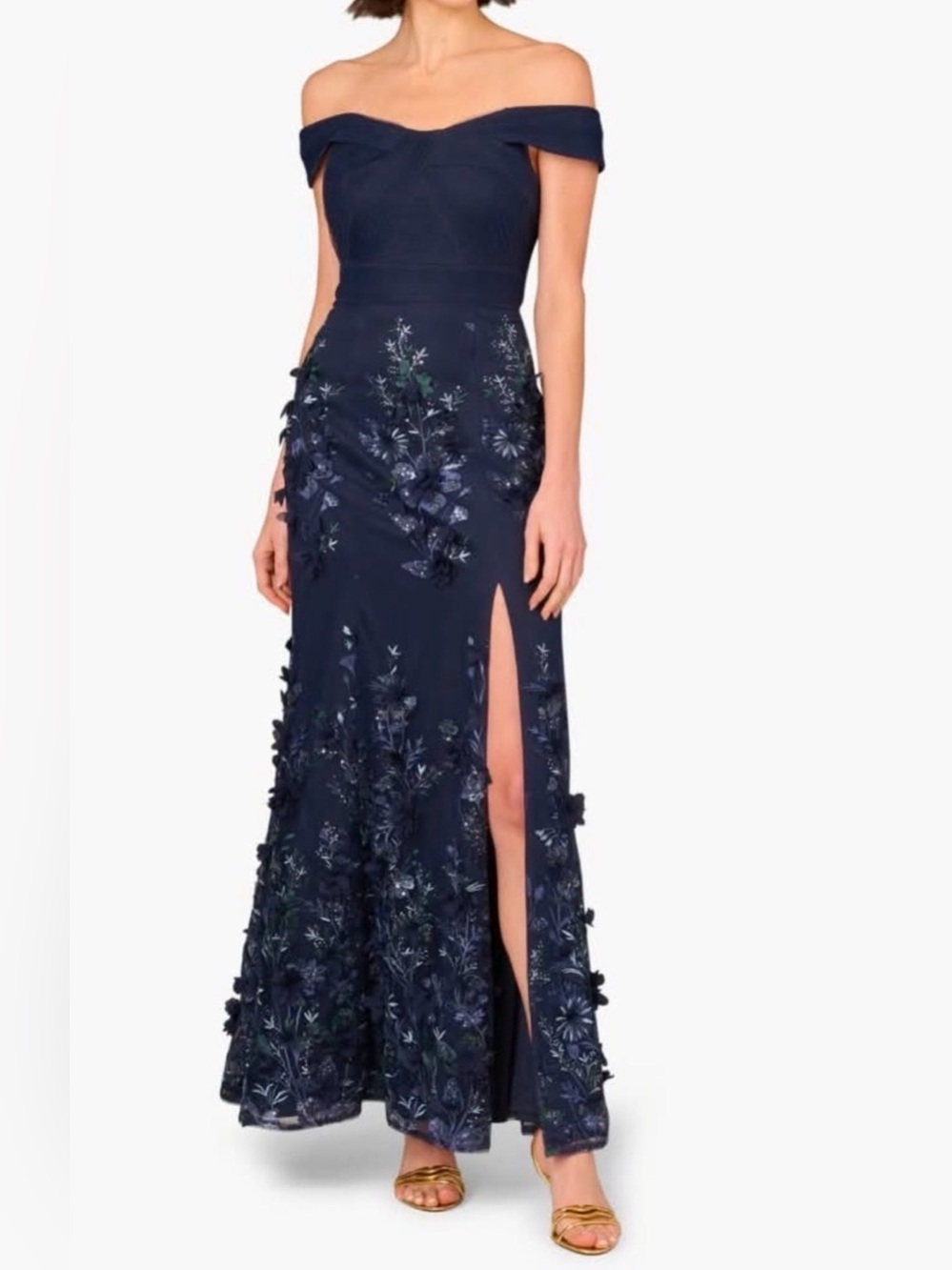 Aidan by Aidan Mattox Navy Off-Shoulder Floral Embellished Maxi Gown Sequin Bead